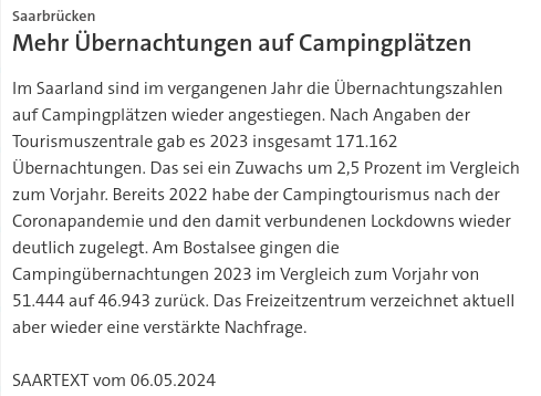#SKK20240506 #SAARTEXT Im Saarland sind im vergangenen Jahr die Übernachtungszahlen auf Campingplätzen wieder angestiegen. | #Übernachtungen #Saarland #Campingplätze #Tourismuszentrale #Freizeit