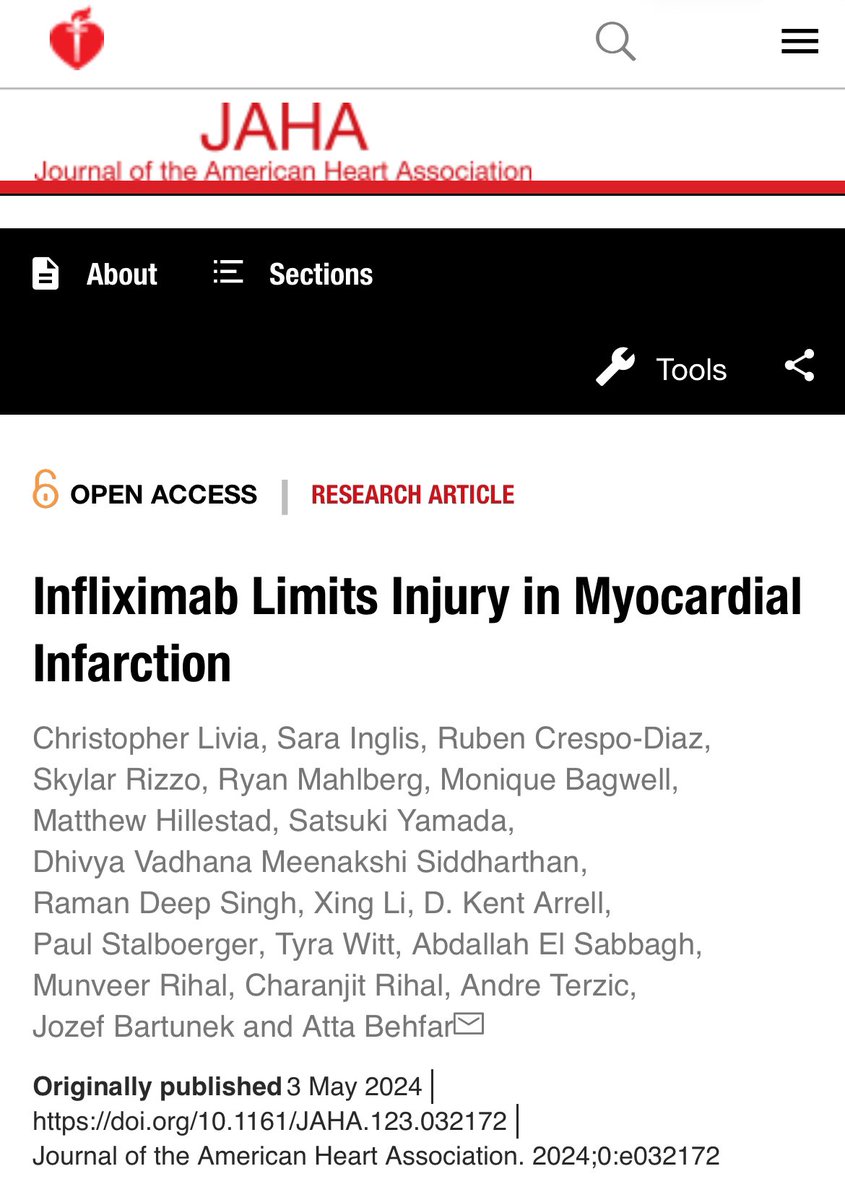 Privileged to be part of this exciting work @MayoClinicCV Check out our recent article @JAHA_AHA ahajournals.org/doi/10.1161/JA… #Infliximab-mediated immune modulation limits injury in a porcine model of #MI