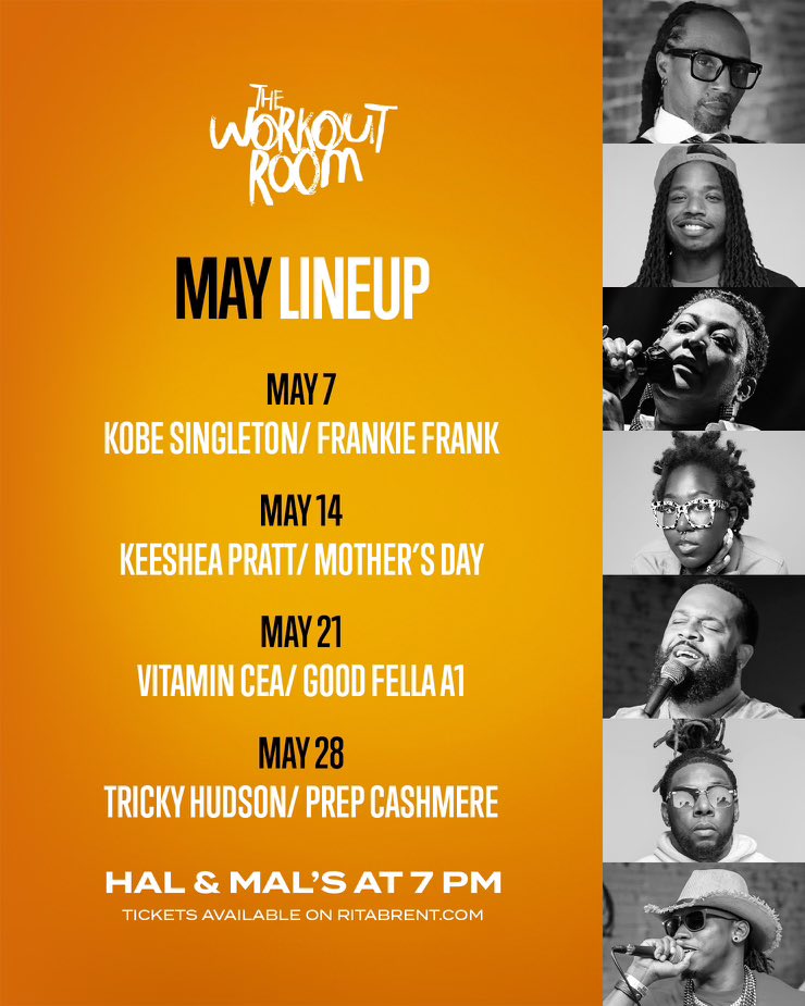 The Workout Room lineup for May at @HalandMals is here, and LIT! Singers, comedians, rappers! Pick a Tuesday or pick ALL of them! Advance tickets: ritabrent.com (Seats fill up quickly; reserved tables available while they last.) #jacksonms #workoutroomjxn #retweet