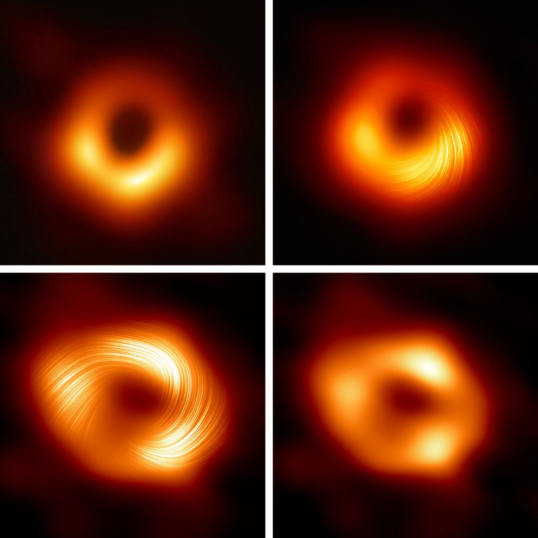 Kicking off #blackholeweek with some of our fave images of black holes (we're partial) over the past 5 years. Top L: First image of M87*, Top R: M87* in polarized light, Bottom R: Milky Way Galaxy's black hole SgrA*, Bottom L: SgrA* in polarized light. Credit: EHT Collaboration