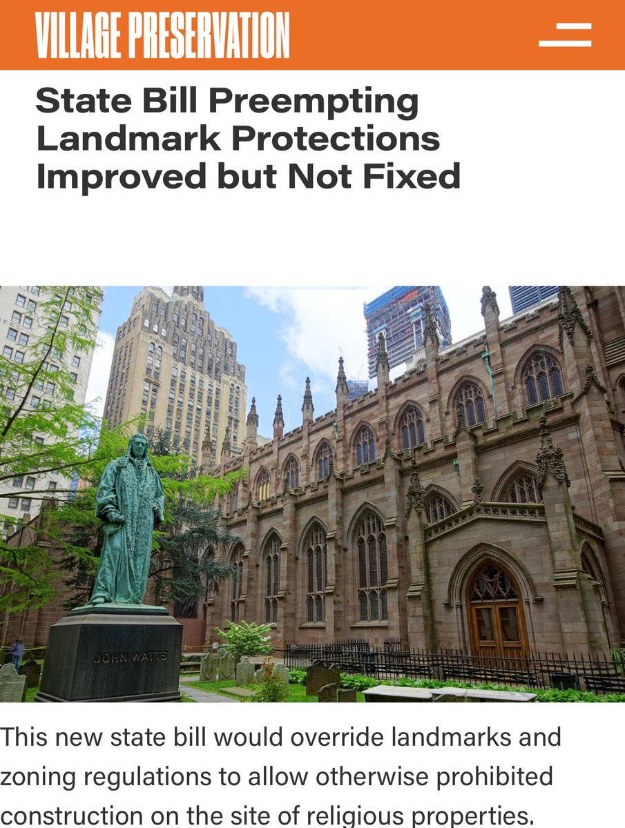 We’re making progress: language has been amended to the state legislation that would circumvent landmark protections, eliminating some but not all of the problems. Find out the latest and tell state legislators to FIX THE BILL or DROP THEIR SUPPORT: villagepreservation.org/campaign-updat…