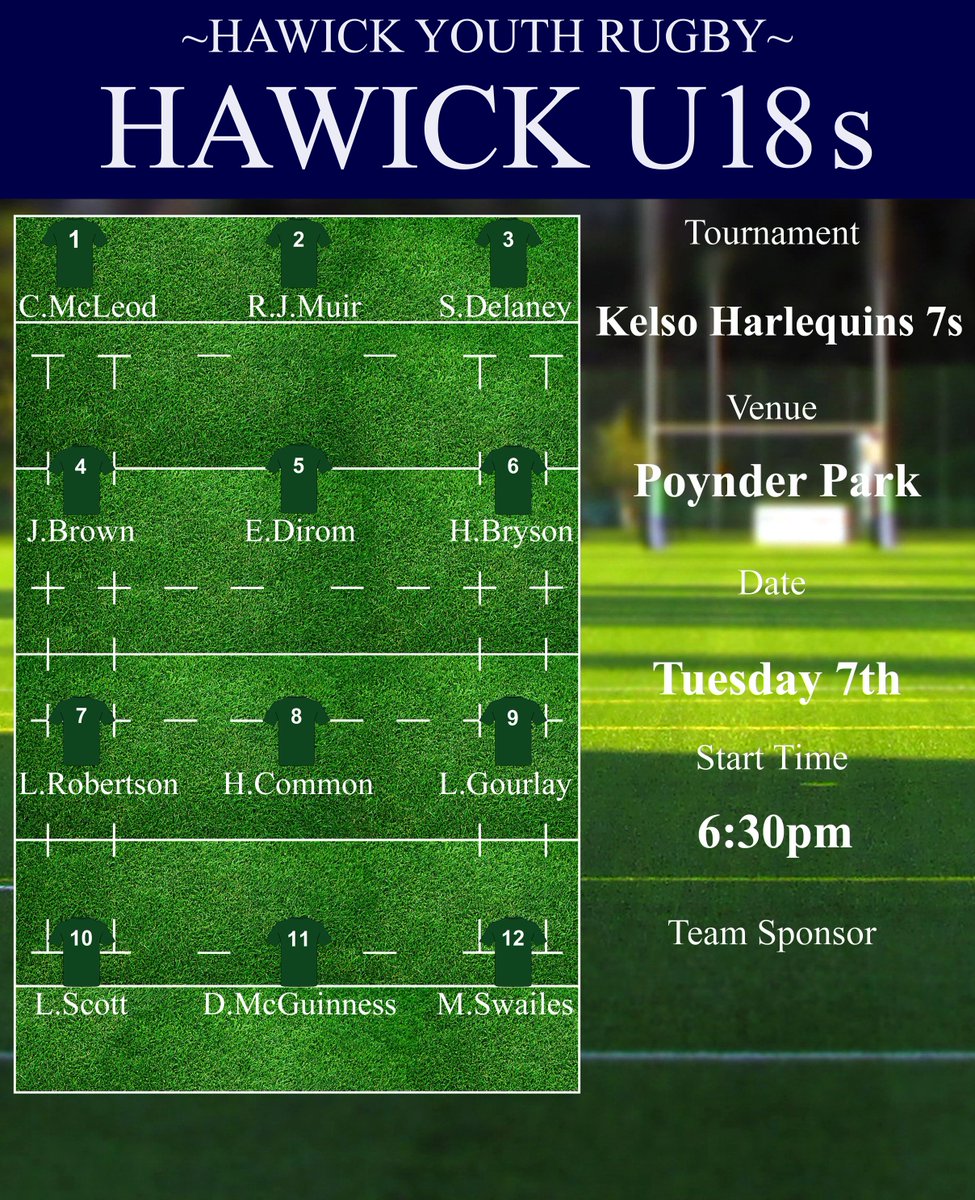 Our 18s are at Poynder Park tomorrow night for the Kelso Harlequins 7s Go well lads 💪🏉💚 #HawickYouthRugby #BIHB #AONR