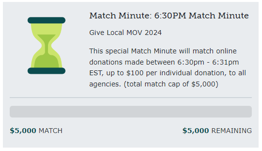 GiveLocalMOV's tweet image. Surprise!  We have a Match Minute coming up at 6:30pm!  Make your donation at givelocalmov.org.