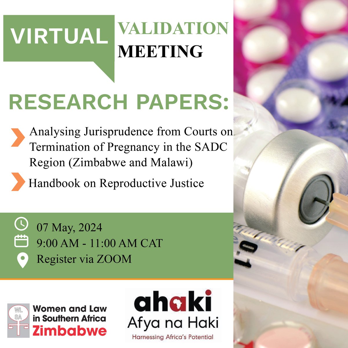 📢𝐒𝐚𝐯𝐞 𝐭𝐡𝐞 𝐃𝐚𝐭𝐞! Join us for an upcoming virtual validation meeting on 📚research papers: Analysing Jurisprudence from Courts on Termination of Pregnancy in Zimbabwe and Malawi and Handbook on Reproductive Justice. 🗓️ Date: May 7, 2024 🕘 Time: 9:00 AM - 11:00 AM CAT