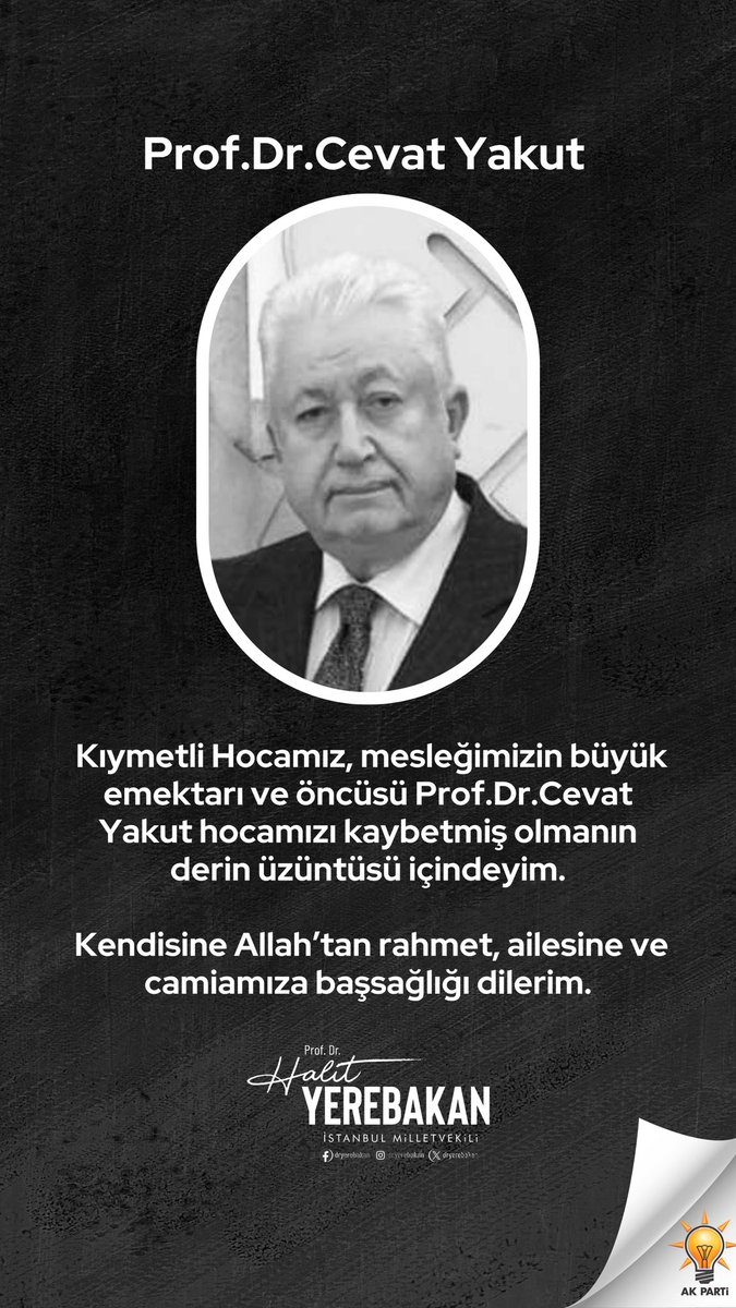 Değerli büyüğümüz, mesleğimizin büyük emektarı ve öncüsü Prof.Dr.Cevat Yakut hocamızı kaybetmiş olmanın derin üzüntüsü içindeyiz. Kendisine rahmet, ailesine ve camiamıza başsağlığı dileriz. Allah rahmet eylesin, mekanı cennet olsun.