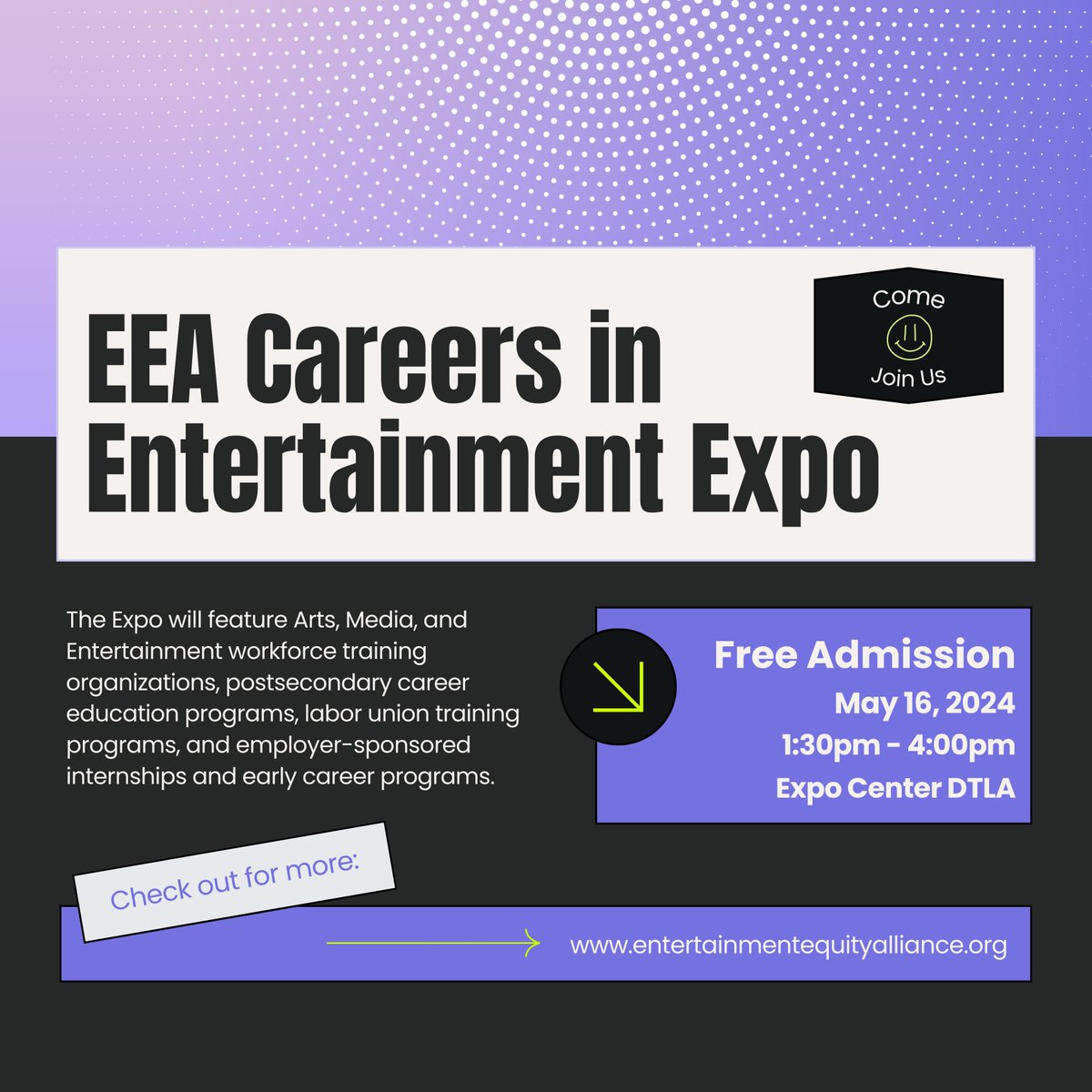 Calling all LA-based college, university, and young professionals! Join us for the Entertainment Equity Alliance (EEA) Careers in Entertainment Expo on May 16 from 1:30pm - 4pm. 📷 Register for free for the in-person event at entertainmentequityalliance.org