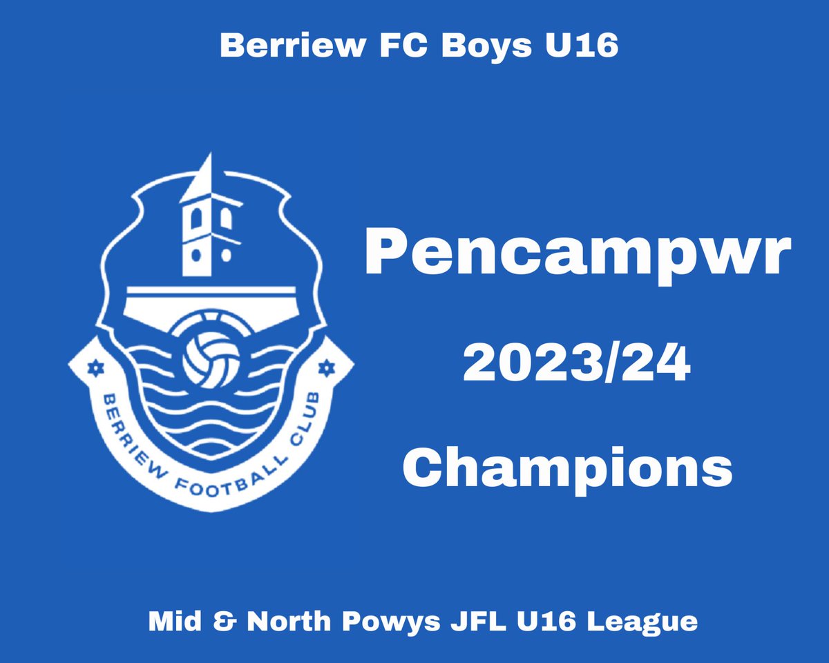 Berriew FC Boys U16 clinched the Mid & North Powys JFL U16 League title with a 3-0 over Llanidloes Town U16 this evening and maintained their 100% record. Congratulations to the lads and coach, Carol Williams.