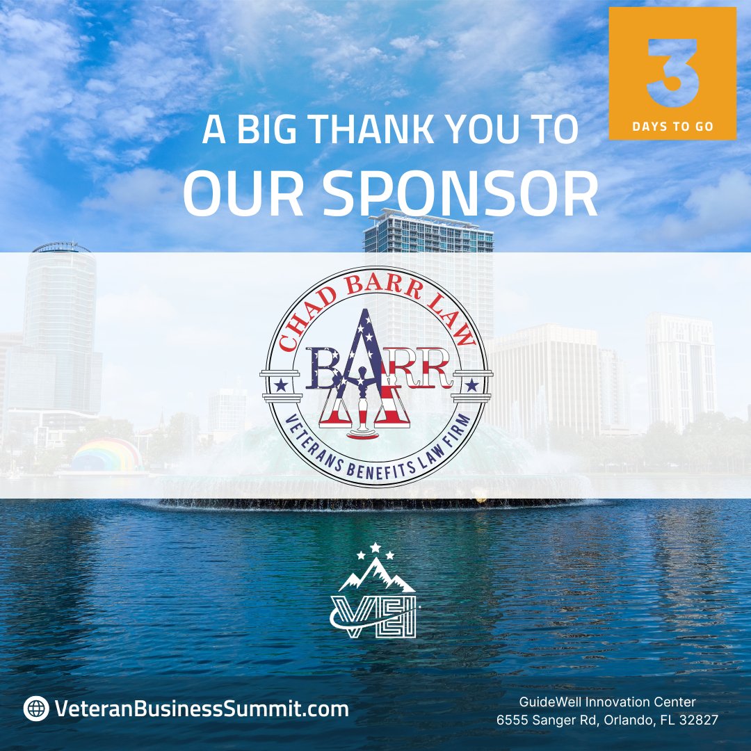 👨‍⚖️ 3 DAYS LEFT- Massive appreciation to @ChadBarrLaw for their unwavering support as a sponsor of our 2024 Veteran Business Summit! 🎖️ Secure your spot now at hubs.ly/Q02vPBVG0. #VeteranBusinessSummit #ChadBarrLaw #VetBizSummit