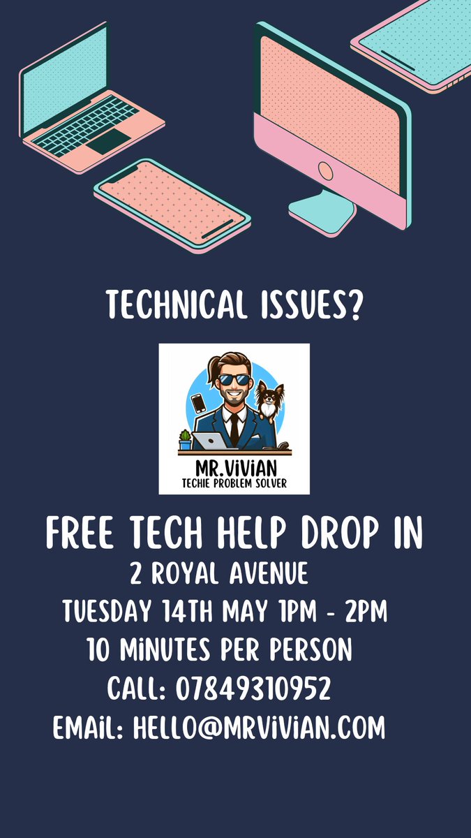 I'll be in @2RoyalAvenue Tuesday 14th May to do a 10 minute tech help session. Really good for anyone confused about using their device or if you have an issue you can't get through. Or you can just chat for 10 minutes 🤗