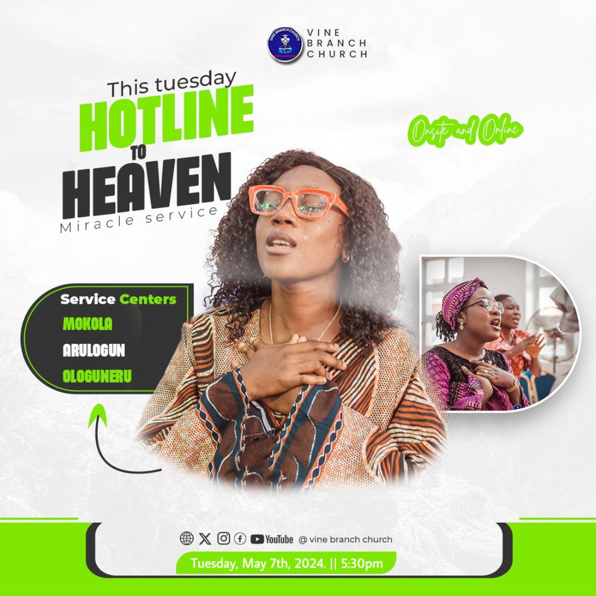 Join us this Tuesday at 5:30 pm for Hotline-to-Heaven.
…and experience the burden-breaking, yoke-destroying power of GOD!

Don't miss out!

This Tuesday | 5:30pm

#HotlineToHeaven
#VineBranchChurch
#VBCservice