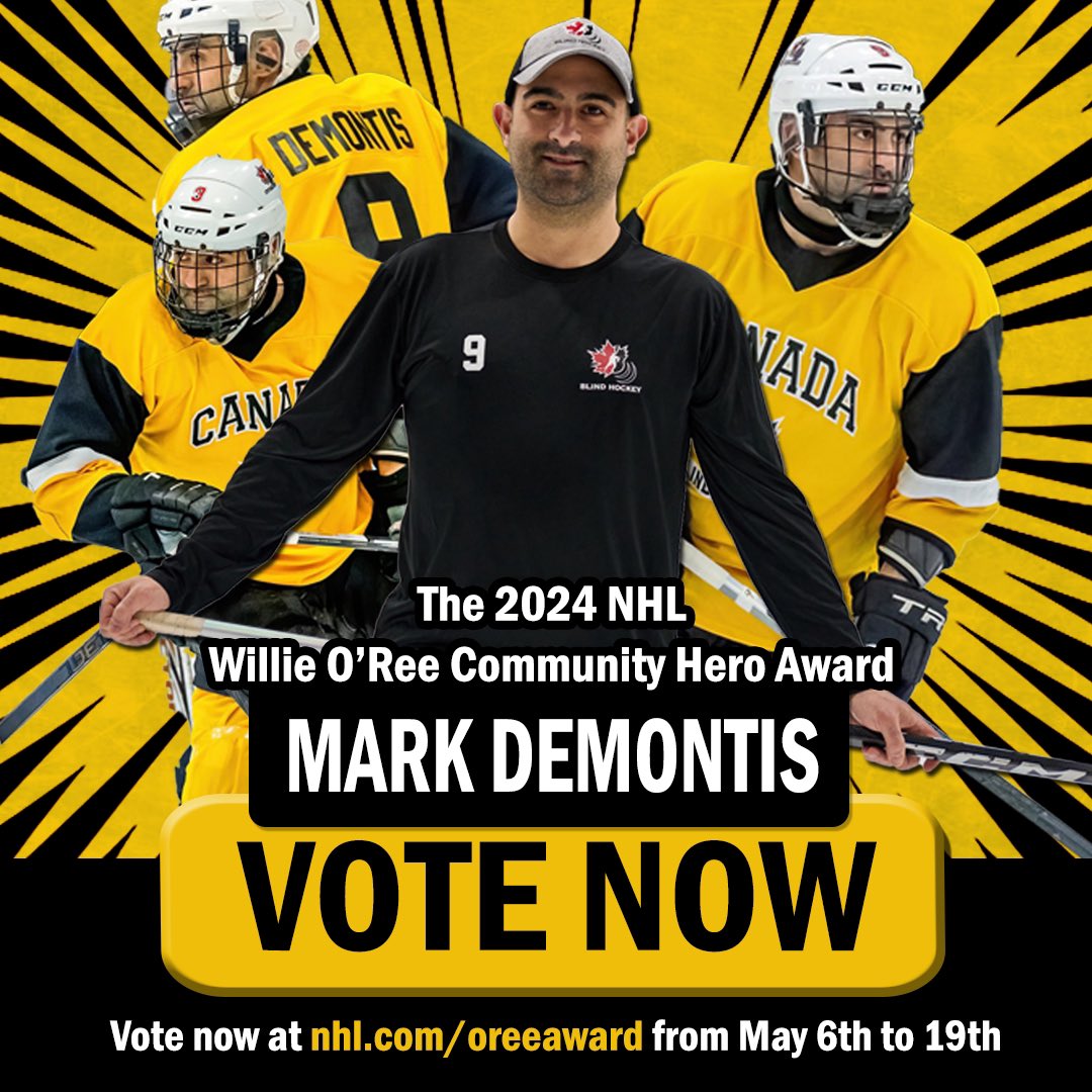 Honoured to be named 1 of 3 Finalists for the 2024 @NHL 🇨🇦 Willie O'Ree Community Hero Award Presented by @HyundaiCanada. Voting Takes Place May 6th to 19th with the chance for @CDNBlindHockey to make our game more accessible! Visit nhl.com/oreeaward to learn more!