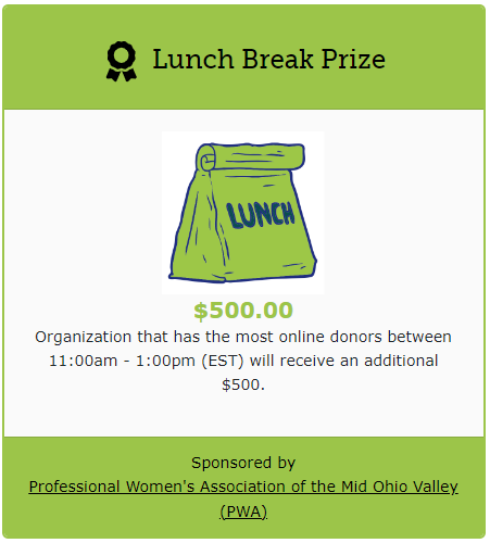 GiveLocalMOV's tweet image. Who's hungry?  While you're out getting lunch, be sure to help your favorite organization perhaps win the Lunch Break Prize sponsored by the Professional Women's Association of the Mid Ohio Valley (PWA).  #GiveLocalMOV   givelocalmov.org