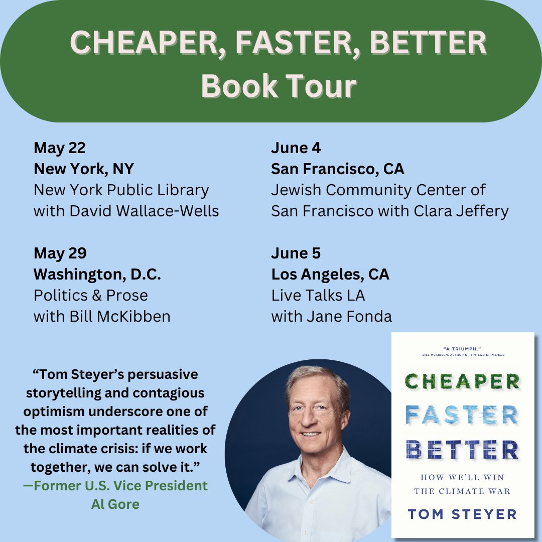 Come join me at one of my launch events for Cheaper, Faster, Better this summer. We have some incredible conversations lined up with @dwallacewells, @ClaraJeffery, @billmckibben, and @Janefonda. Find the nearest city to you below!
