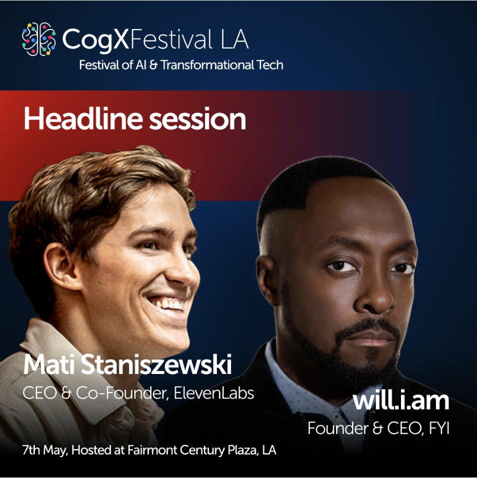 🤖Big news — @iamwill & @matistanis of @elevenlabsioi are joining forces on stage to discuss the future of voice AI, at #CogXFestival 🎧 🎟cogxfestival.com/tickets