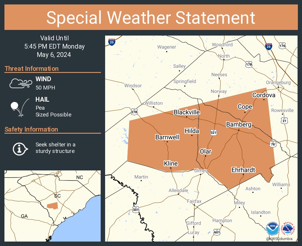 A special weather statement has been issued for Barnwell SC, Bamberg SC and  Denmark SC until 5:45 PM EDT