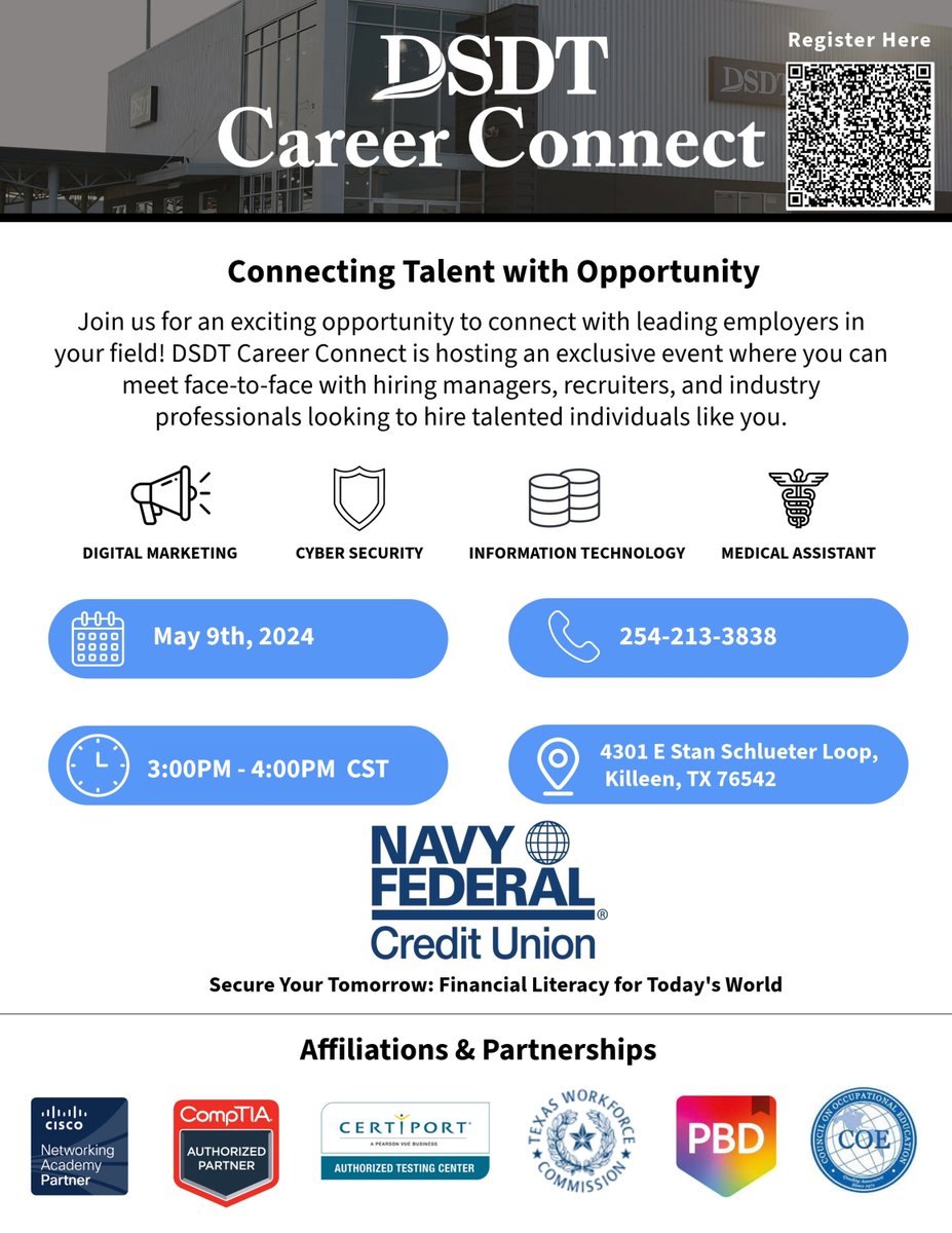 Join us at the DSDT Career Connect Event on May 9th, 2024, 3:00 PM-4:00 PM CST/ 4:00 PM-5:00 PM EST. Navy Federal reps will be there to discuss Financial Literacy. Attend in person or virtually. Register Now: tinyurl.com/DSDT-Register