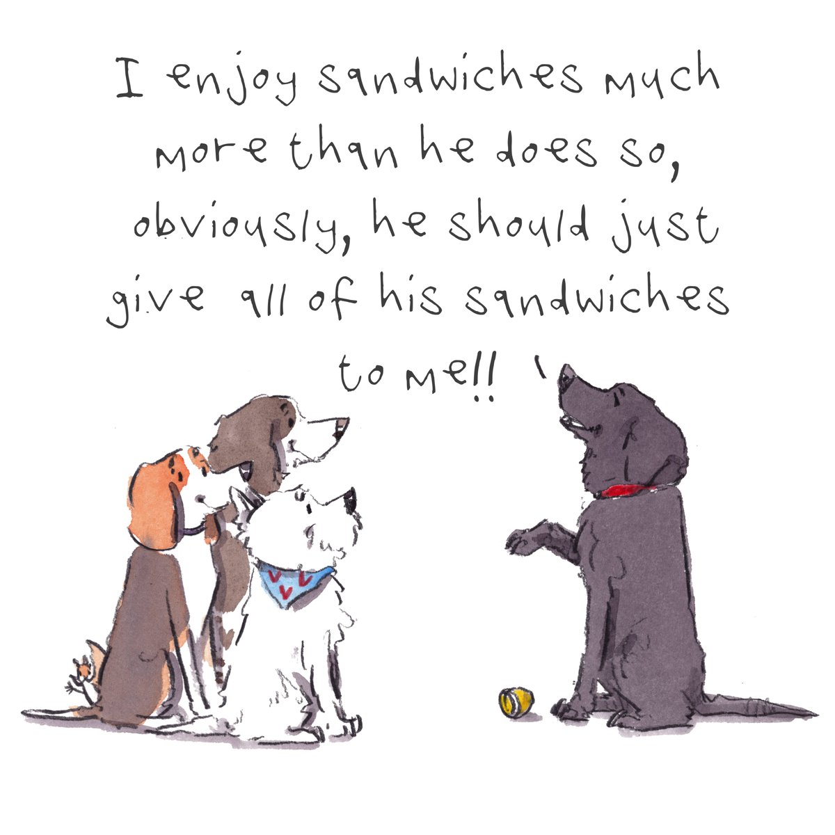Good night, lovely people and lovely dogs. The lab has some strong views about sandwiches. Sleep well and sweet dreams. I hope that you have a really brilliant day tomorrow. #hoorayfordogs #beagle #westie #springer #labrador #redsquirrel