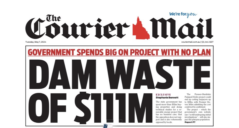 Miles Government acts swiftly to establish one of two pumped hydro dams to firm Queeensland’s clean energy transition to 80% renewables by 2035. Meanwhile, today’s Courier Mail is a finalist for the dumbest front page of the year award 🙄