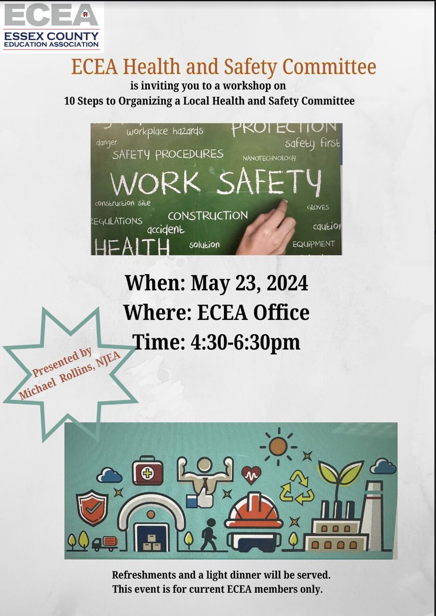 ‼️Registration is now open for the ECEA Health & Safety Workshop: 10 Steps to Organizing a Local Health & Safety Committee 🗓 Thursday,May 23, 2024 ⏰ 4:30pm 📍ECEA Office 🖥 Register at eceanj.org and click on the MEMBERS tab & log in w/ your NJEA credentials.