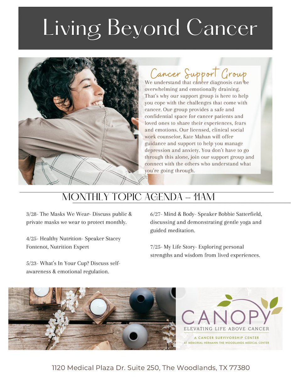 #ad Located on the campus of @MemorialHermann The Woodlands Medical Center, Canopy Cancer Survivorship Center is open to men and women, no matter where you were treated, and for any kind of cancer – at no cost to you. 

Learn more about Canopy at bit.ly/CanopyTheWoodl…