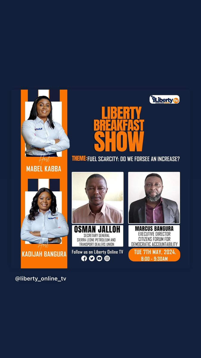 In recent days, obtaining fuel has posed significant challenges, with locals lining up at multiple gas stations in search of supplies. 

Join us tomorrow for an insightful discussion on the fuel scarcity issue during our May 7th edition of the Liberty Breakfast Show.

#SaloneX