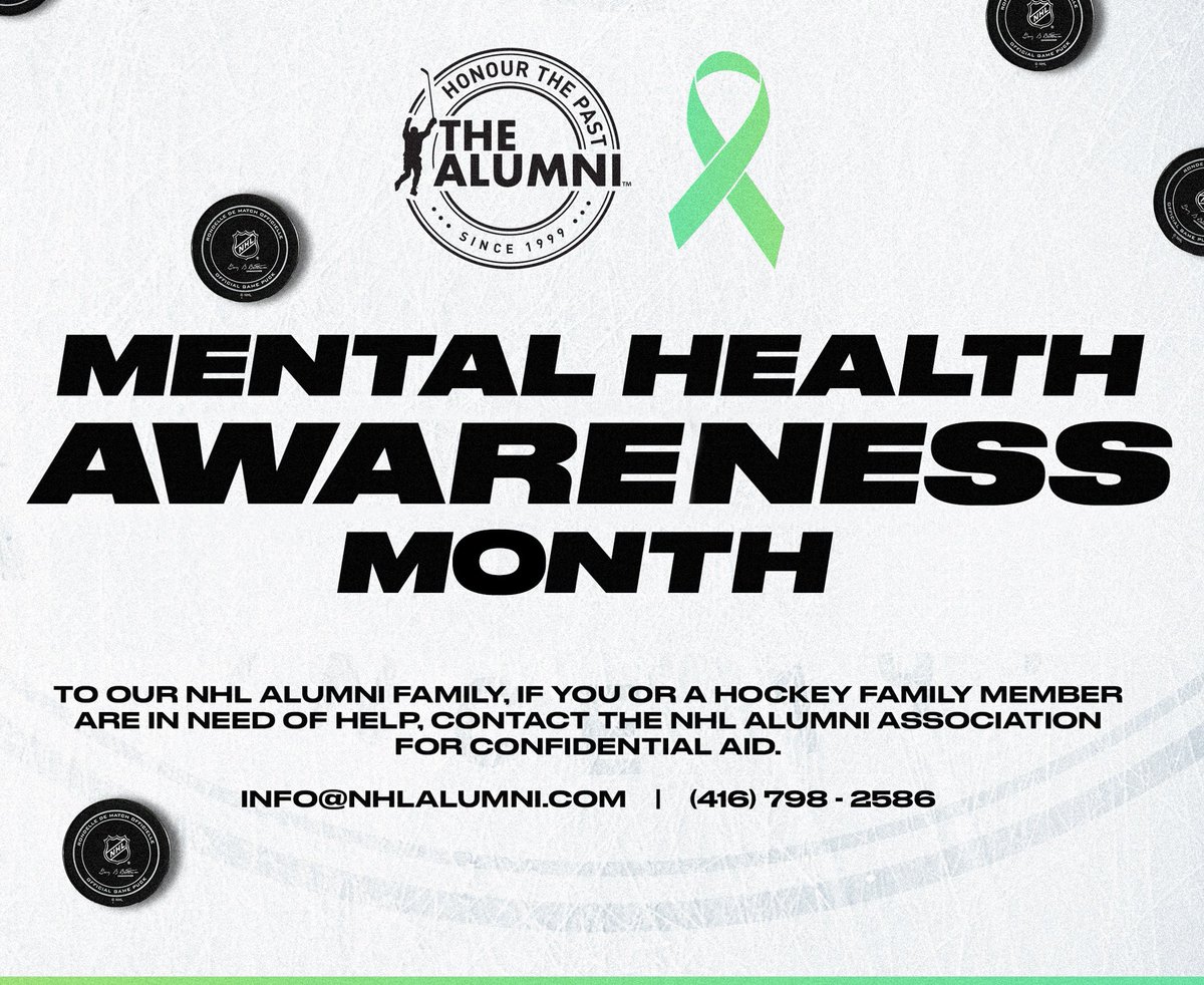 The month of May marks #MentalHealthAwarenessMonth 💚

To our #NHLAlumni members and their families: if you or someone you care about is struggling, don’t hesitate to contact us for confidential help.