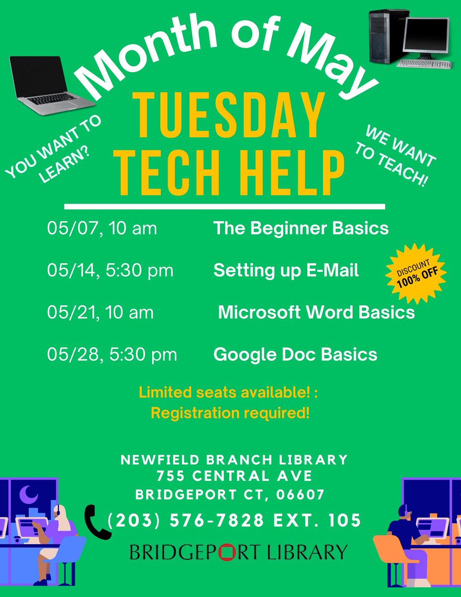 Join us at the Newfield Branch Library every Tuesday in May for beginner-friendly technology classes! 🖥️ Pick either morning or evening sessions. Register by calling 203-576-7400, ext. 105.