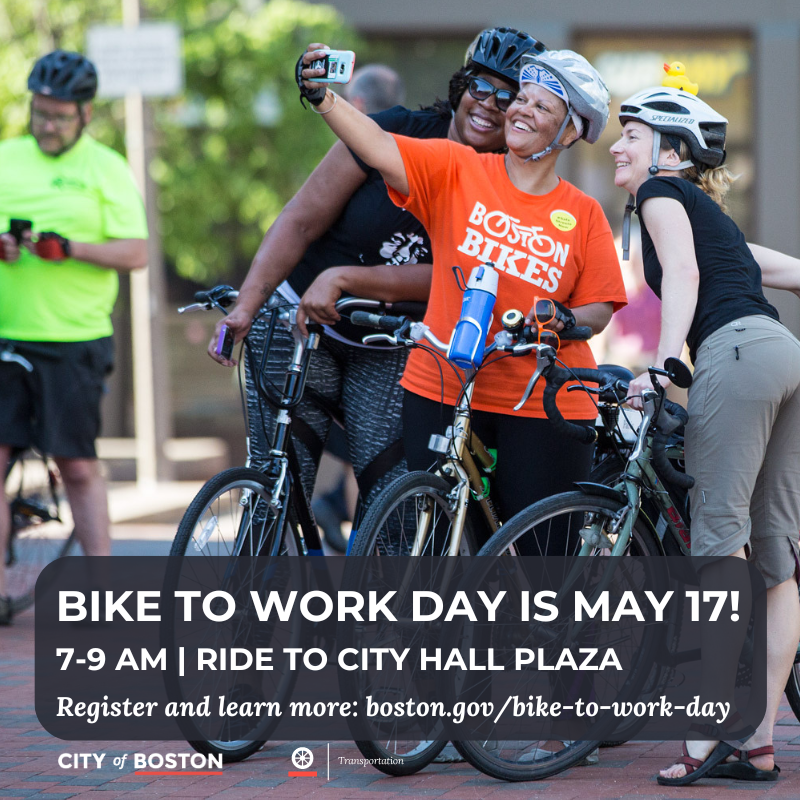 Hey Boston, let's bike to work! Join us for Bike to Work Day on Friday, May 17, and ride to City Hall Plaza. Visit boston.gov/bike-to-work-d… to register and learn more.