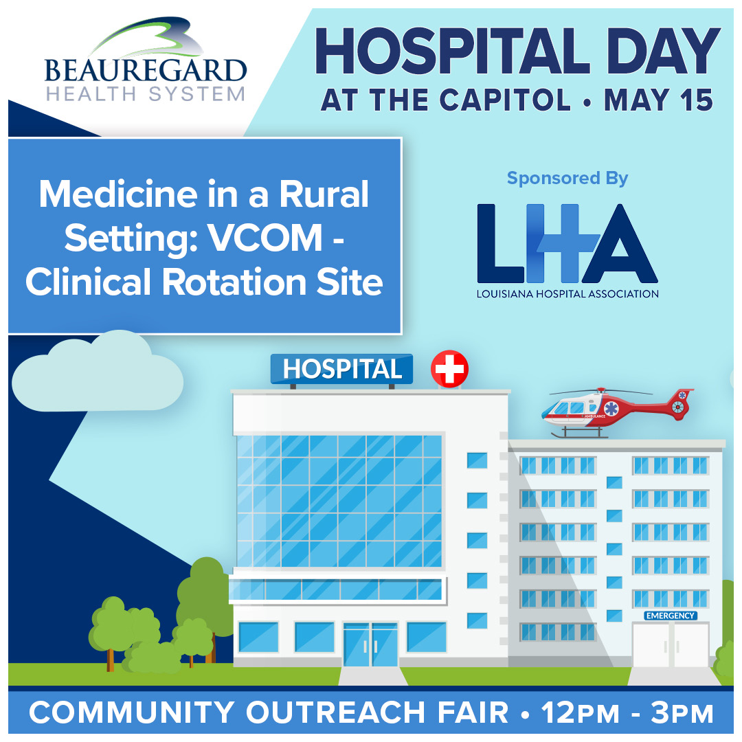 Visit LHA’s Community Outreach Fair on 5/15 to learn how Beauregard Health System is serving as a core clinical training site for @vcomlouisiana medical students who get exposure to all clinical hospital depts.  #LaHospitalDay #CaringForPatients #StrengtheningCommunities #lalege