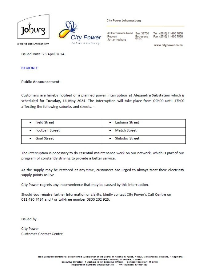 CityPowerJhb's tweet photo. #CityPowerUpdates 
#AlexandraSDC 

Kindly be notified of a planned power interruption at #AlexandraSubstation scheduled for Tuesday, the 14 of May 2024.^LP https://t.co/wvRSNGBUUJ