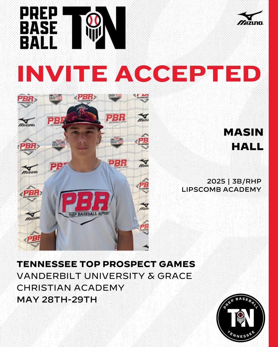 #TNTPG24: 𝗜𝗡𝗩𝗜𝗧𝗘 𝗔𝗖𝗖𝗘𝗣𝗧𝗘𝗗 ✅ + '25 3B/RHP Masin Hall (@LAMustangBB) has punched his 🎟️ to the TN Top Prospect Games on May 28th-29th at @VandyBoys & @GCALionsSports. Request your invite. ⤵️ 🔗: loom.ly/HMqW_Sg // @Masin_Hall5