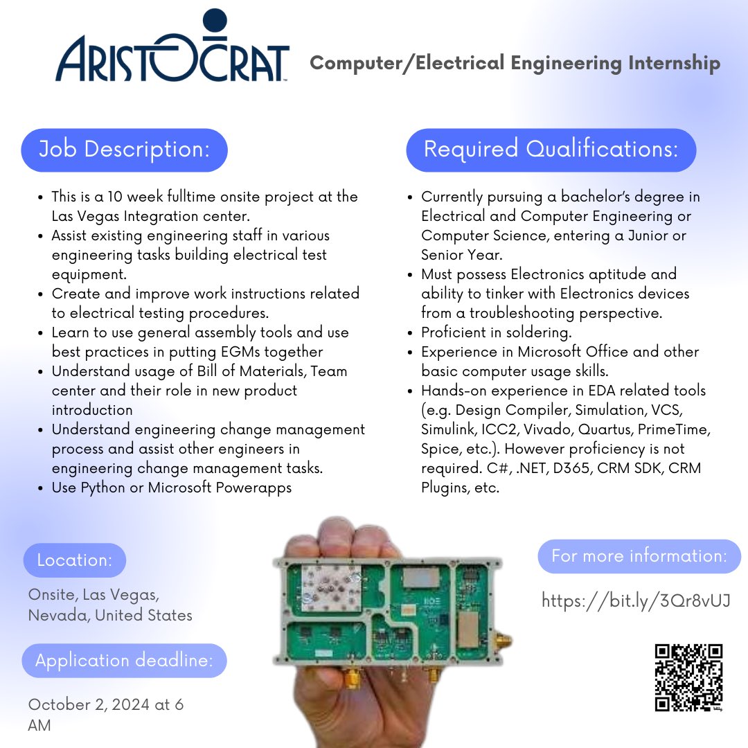 📢Apply Now.

Aristocrat Technologies, Inc. is hiring Computer/Electrical Engineering intern.

#job #ee #sjsu #electricalengineering #spartan 
#newjob #applynow