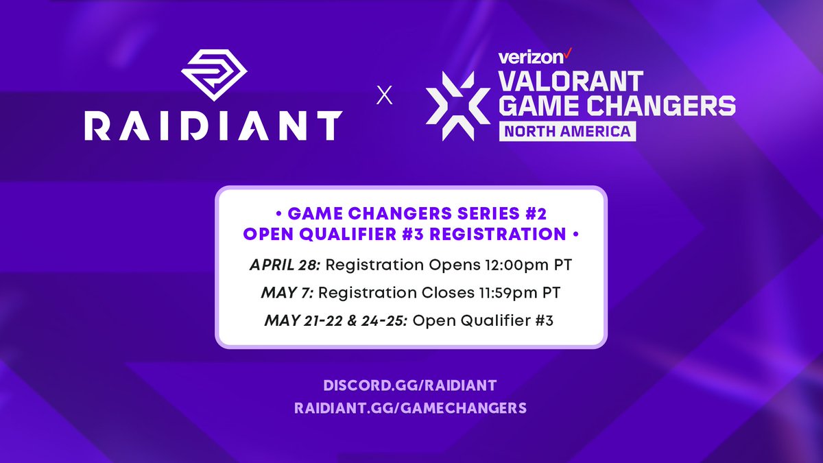LAST CHANCE TO REGISTER FOR #VCTGameChangersNA Series 2 Open Qualifier 3! 🏆 ⏰ Deadline to register is tomorrow, May 7th, at 11:59pm PT. Registration: raidiant.link/GC2OQ3-Registr… Discord: discord.gg/Raidiant