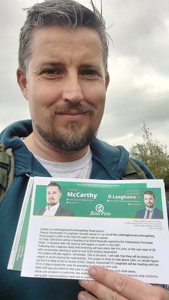 Excellent evening again in #Togher This time with an important update  to residents on the long awaited road scheme

We will return for a more in depth canvass before June 7th

Fernwood Crescent ✅️
Brooke Avenue ✅️
Ashlimg Court ✅️
Ashbrook Heights ✅️

#Le24 #SinnFéin
