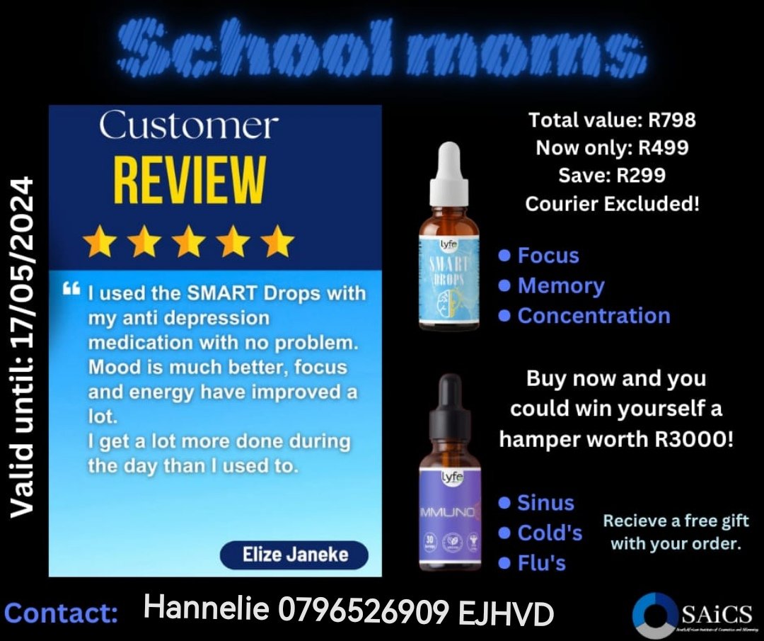 Exams are starting soon, is your child ready?
SMART drops help your child to focus and concentrate.
Immuno help with colds and flu
Contact Hannelie Van Deventer 0796526909 EJHVD
#Saics #SaicsBL #naturalproducts #lyfestyle #smartdrops #immuno