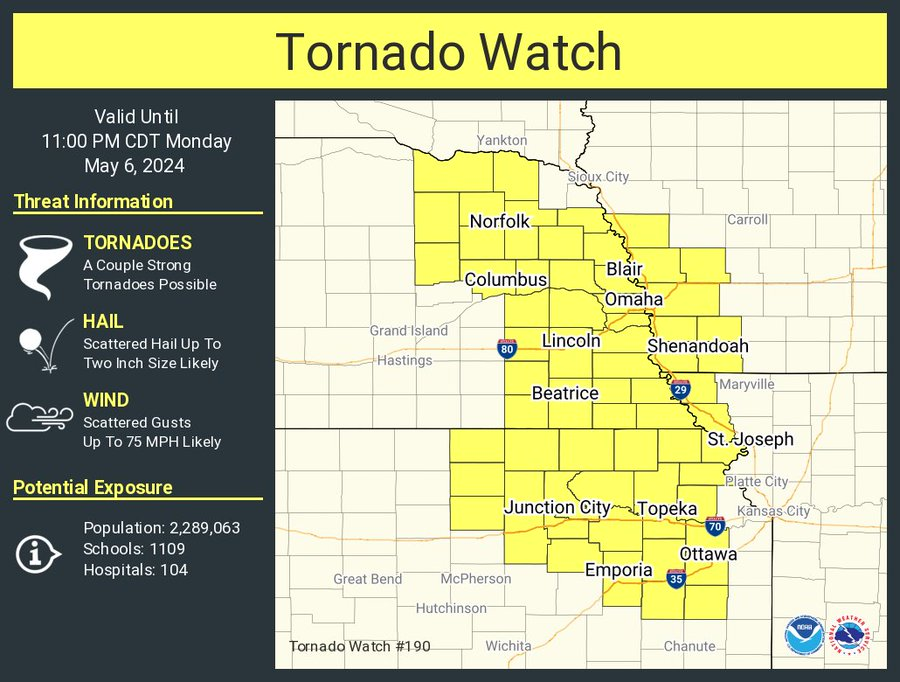 #TornadoWatch for E #Nebraska,NW #Missouri,NE #Kansas, SW #Iowa esp #Omaha,#LincolnNE,#BellevueNE,#BeatriceNE,#NorfolkNE,#LaVisita,#Papillion,#CouncilBluffs,#Topeka,#LawrenceKS,#StJosephMO
#wxtwitter #SPC #Severewx #Tornado #Hail #Wind #wxx #TornadoAlley #NEwx #IAwx #KSwx #MOwx
