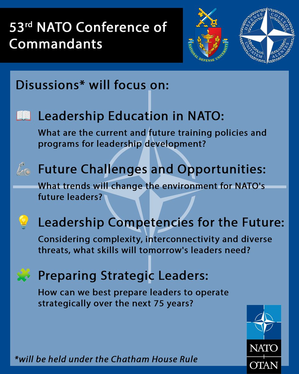 This year, we co-host the 53rd NATO Conference of Commandants with @NDU_EDU in DC. Join us daily for insights from this event. What leadership qualities will be key over the next 75 years? More details on our NDC page ndc.nato.int/news/news.php?… #CoC2024 #NATO75Years
