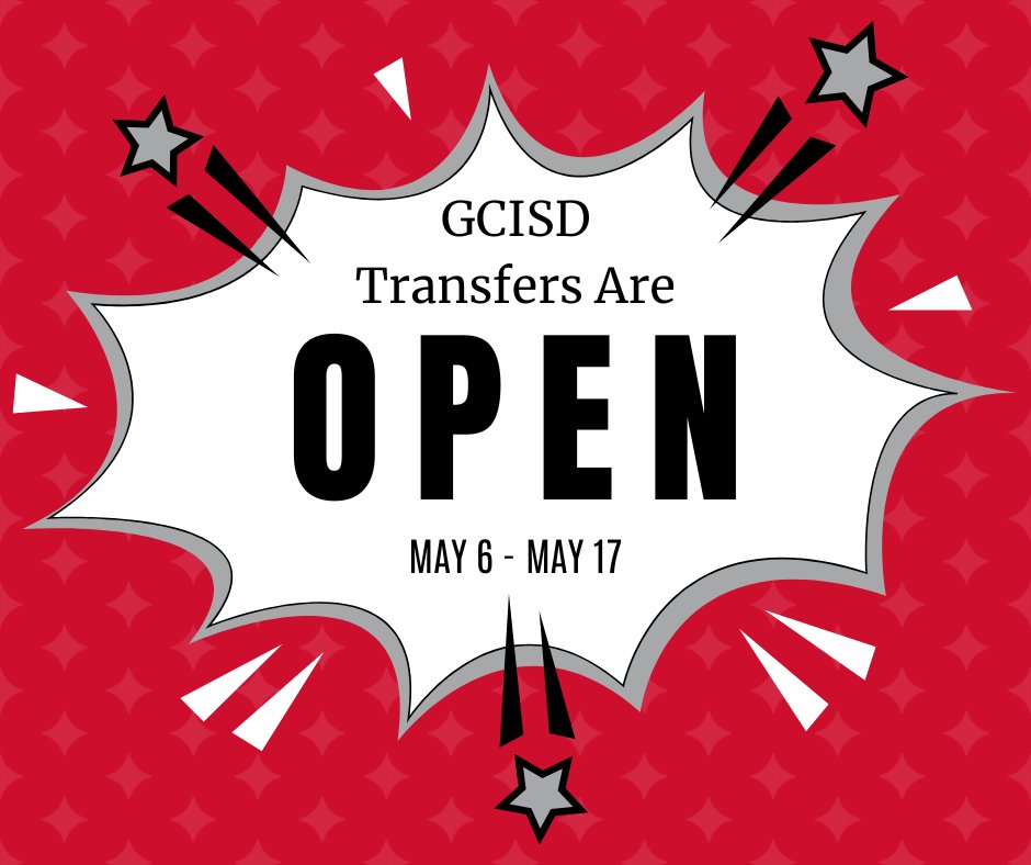 Starting today, you can apply for GCISD transfers. Don't miss out on this chance to explore new educational opportunities! Applications close at 4 p.m. on Friday, May 17. Click the link to learn more: gcisd.net/transfer