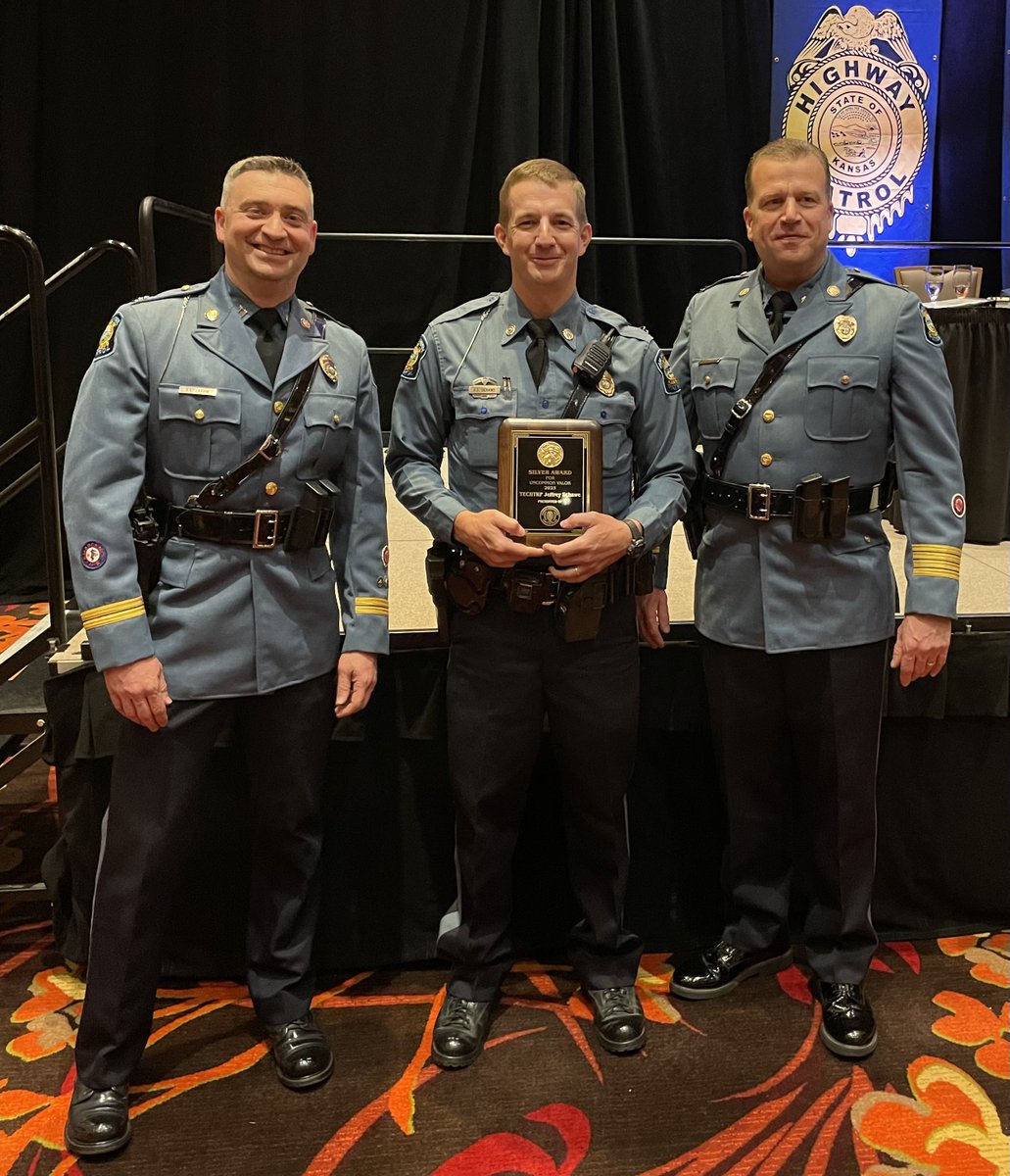 The Kansas Association of Chiefs of Police held their annual awards ceremony. Trooper Schawe was presented with the Silver Award, recognizing extraordinary action which directly contributed to the significant prolonging or actual saving of a life. #ServiceCourtesyProtection