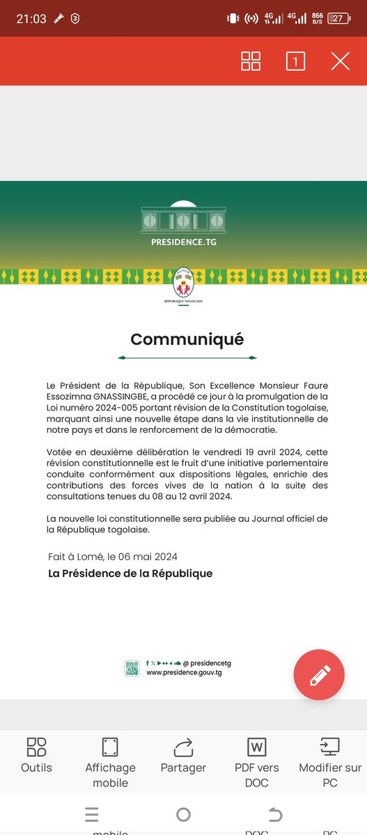 NamazeDany's tweet photo. #Togo: la nouvelle loi portant révision de la Constitution promulguée par le Président. https://t.co/qP3Y3qke1o