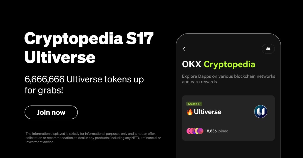 📚 Cryptopedia Season 17 - @UltiverseDAO is live! 🎉

🎁 6,666,666 Ultiverse tokens up for grabs
✅ Complete simple tasks while holding ≥ $10 of assets in your wallet for the duration of the event

Join now👇 
📲 OKX Wallet > Discover > Cryptopedia
💻 bit.ly/3JMVnWj
