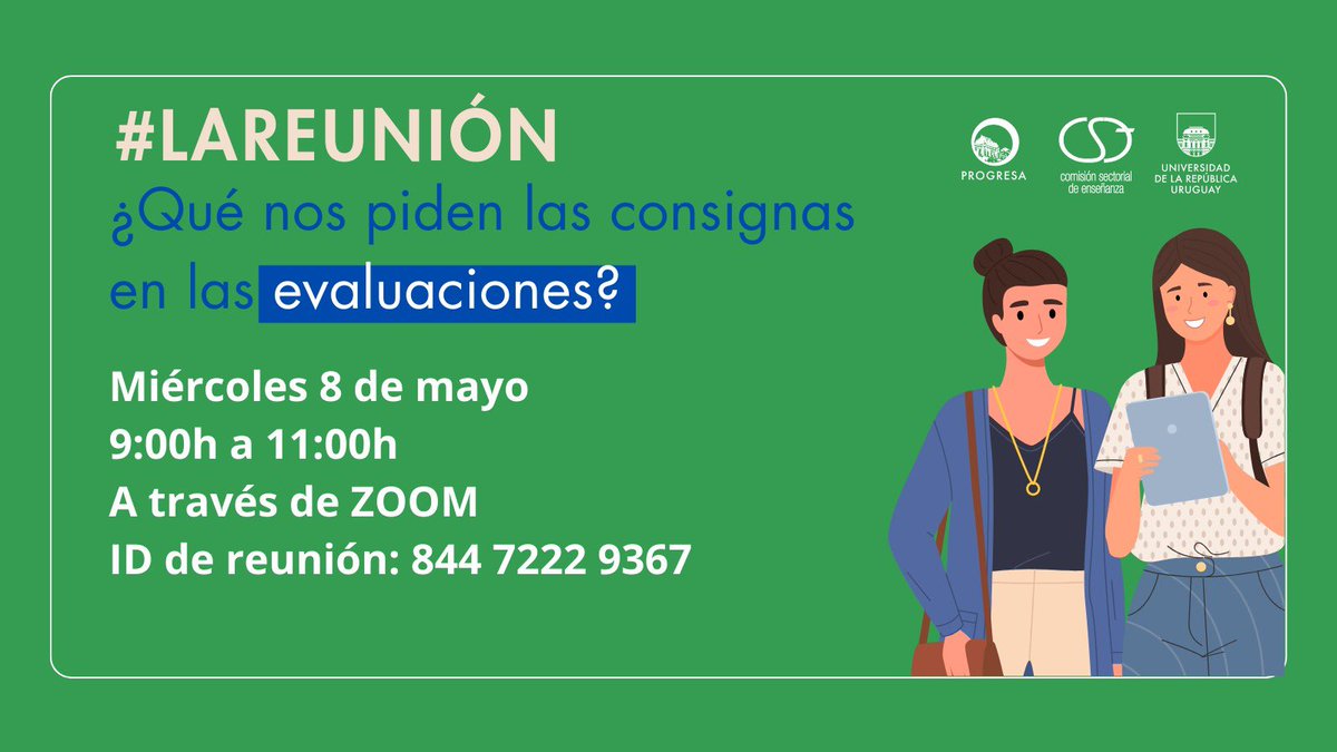 #𝐿A𝑅E𝑈N𝐼Ó𝑁 ¿Q𝑢é n𝑜s p𝑖d𝑒n l𝑎s c𝑜n𝑠i𝑔n𝑎s e𝑛 𝑙a𝑠 𝑒v𝑎l𝑢a𝑐i𝑜n𝑒s?

Instancia para reflexionar sobre abordajes de consignas y descubrir el papel clave de la escritura en tus respuestas 💻

Zoom 👉🏻 salavirtual-udelar.zoom.us/j/84472229367