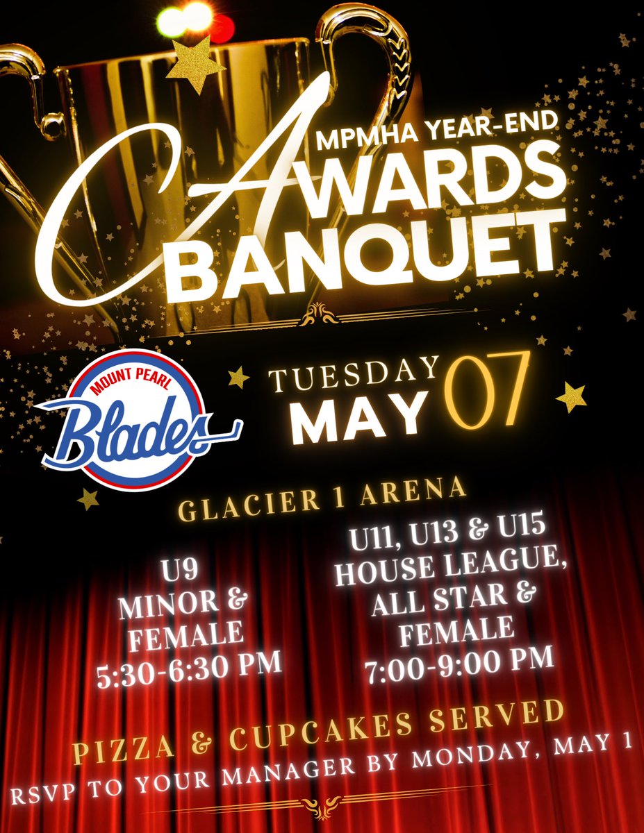 Don’t forget our year end awards banquet is happening tomorrow evening! U9 & U9 Female 5:30PM U11, U13 & U15 Minor & Female 7:00PM Glavier 1
