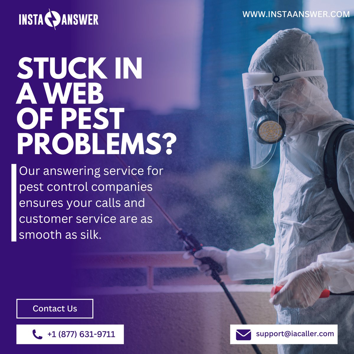 Keeping your calls pest-free and your customers buzzing with delight!  Our top-notch answering service for pest control companies is here to squash those pesky issues.

Dial (877) 631-9711 or email support@iacaller.com to let us handle the buzz!

#InstaAnswer #CustomerSupport
