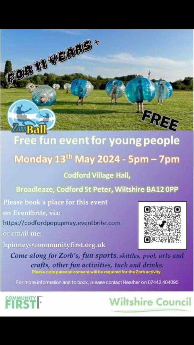 Free event but to book a place go to: tinyurl.com/599e2ra5 #saliosbury #codford #youth #activities