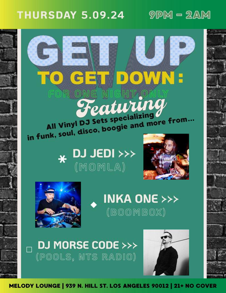 [THURSDAY] i'm joining forces with 2 of my favorites [<a href="/DJMORSECODE/">Nathaniel</a> <a href="/DJJEDI/">DJ Jedi</a>] for GET UP TO GET DOWN, a special one-off ALL VINYL affair specializing in Funk, Soul, Disco, &amp; Boogie! 21 &amp; over, FREE.99. hyped for this one! going down at <a href="/MelodyLounge/">Melody Cafe & Lounge</a> in chinatown. make plans, fam!