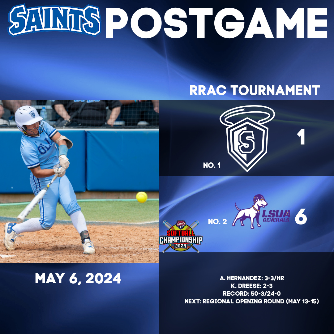 #SaintsPostGame: #OLLUSoftball ends the RRAC Championship Tournament with a loss against LSU-Alexandria. The Saints will prepare for the upcoming regional opening round from May 13-15. #WingsUpSaints
