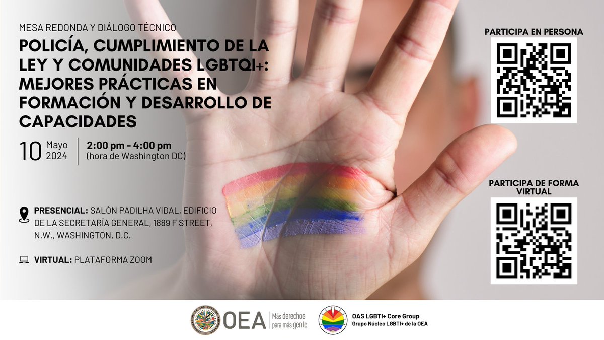 REGÍSTRATE AHORA para participar en esta Mesa Redonda👇🏿 🗓️Viernes 10 de mayo 🔹 Para participar presencialmente: bit.ly/4aQr0dE 🔹 Para participar en línea: bit.ly/4dbhi7d Una iniciativa del Grupo Núcleo #LGBTI+ de la #OEA, liderado por @USAmbOAS