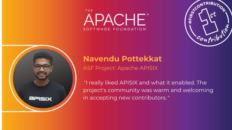 Developer advocate @sudo_navendu shares a bit about his #firstASFcontribution — technical documentation for @ApacheAPISIX bit.ly/42KKk7R Share your story and help inspire others at bit.ly/3Av0s0N #opensource