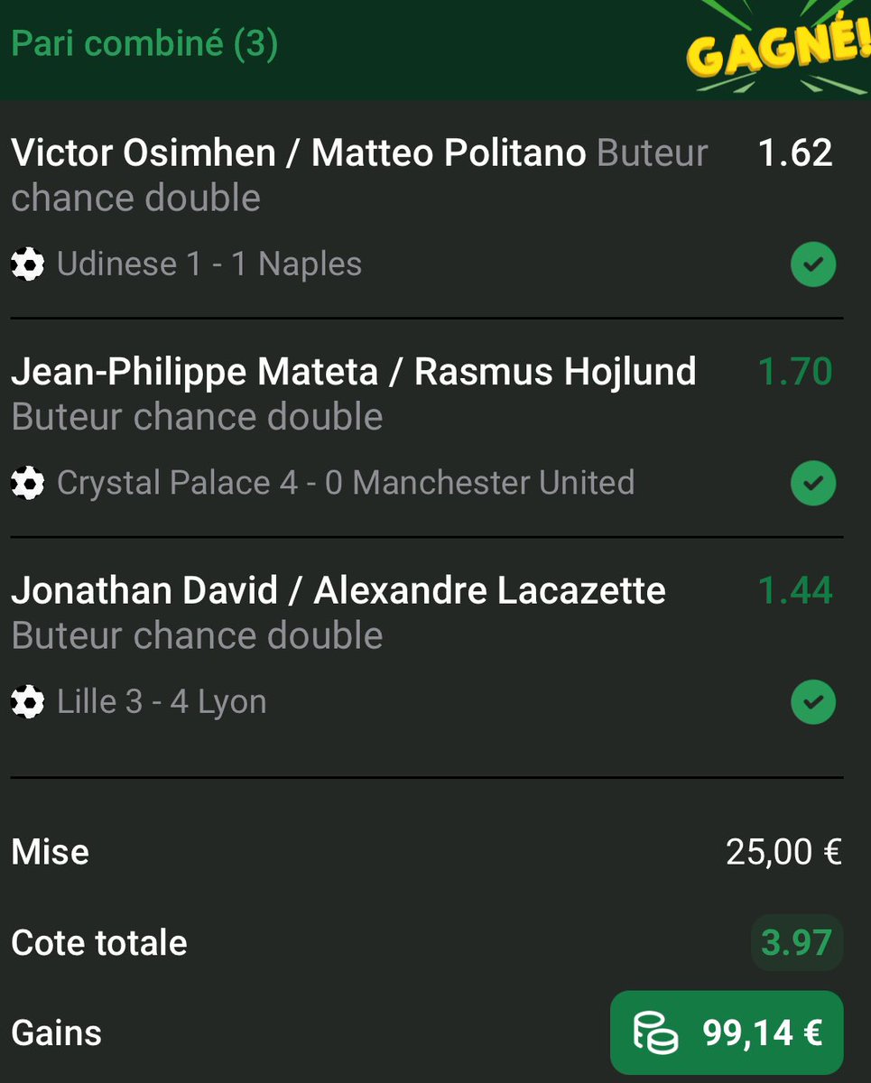 LPronosL's tweet image. ON ENCAISSE ! ✅✅🤑🤑

📊 @3.97 ✅✅😍

ON À FROLÉ LE CARNAGE … 😅

MAX DE ❤️ POUR LE SOUTIEN ! 🙏🏼

#TeamParieur #Pronos
